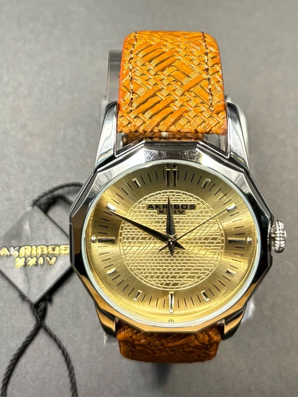 Akribos XXIV Quartz Dodecagon Case Champagne Dial Leather Band 41mm AK825SSBR